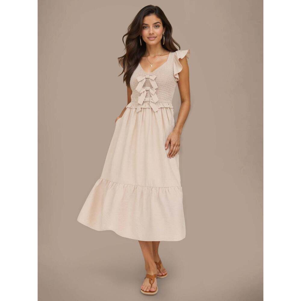 New York & Company Flutter Short Sleeve Smocked Front Bow Detail Midi Dress Size